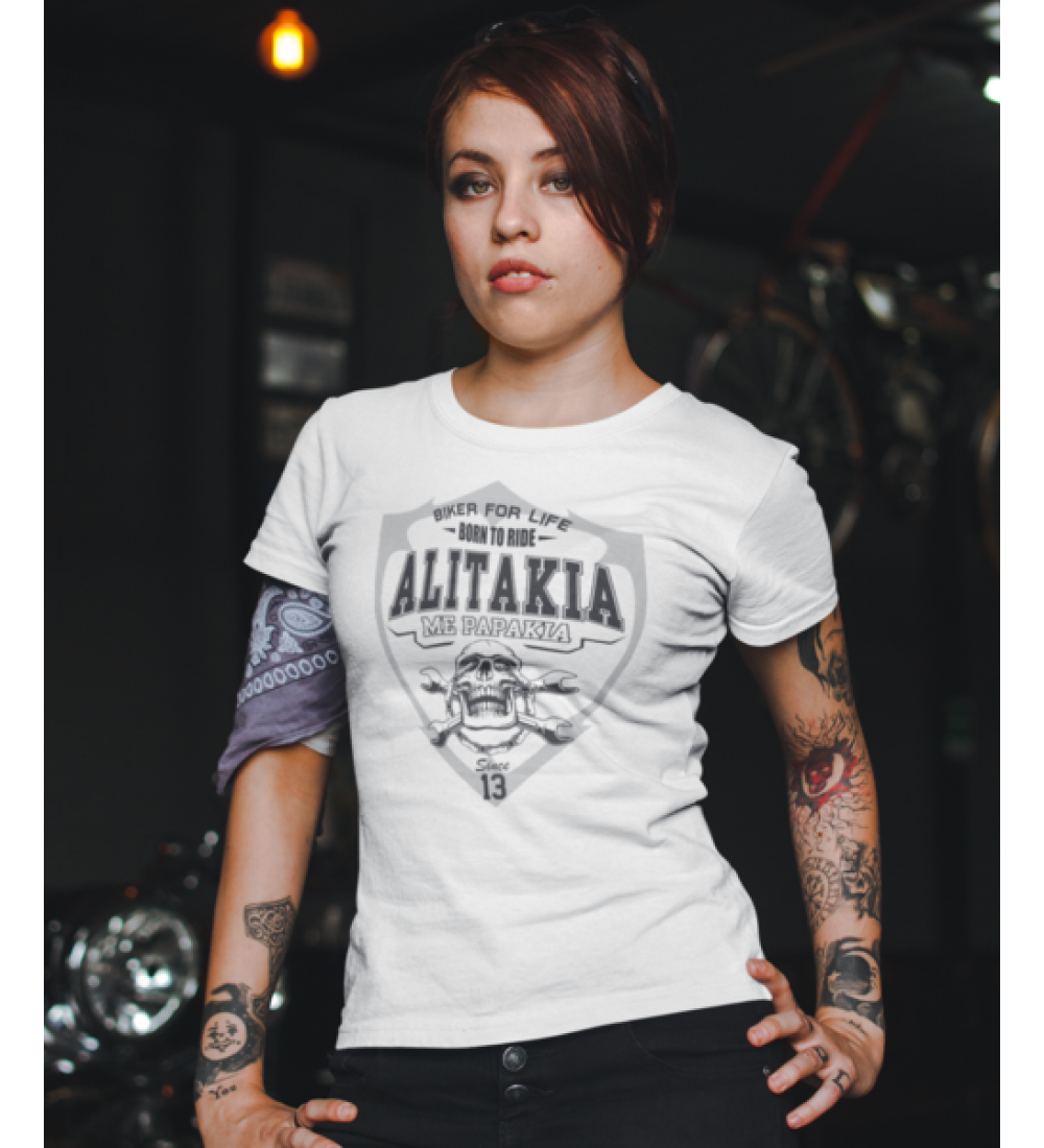 Alitakia me papakia born to ride - Λευκό Μπλουζάκι Γυναικείο Alitakia me papakia born to ride - Λευκό Μπλουζάκι Γυναικείο